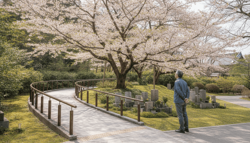 安心感のあるバリアフリー設計の手すりと石畳のスロープが整備され、背景には美しい桜の木と手入れの行き届いた芝生に並ぶ墓標が見える、穏やかな日差しの樹木葬墓地。