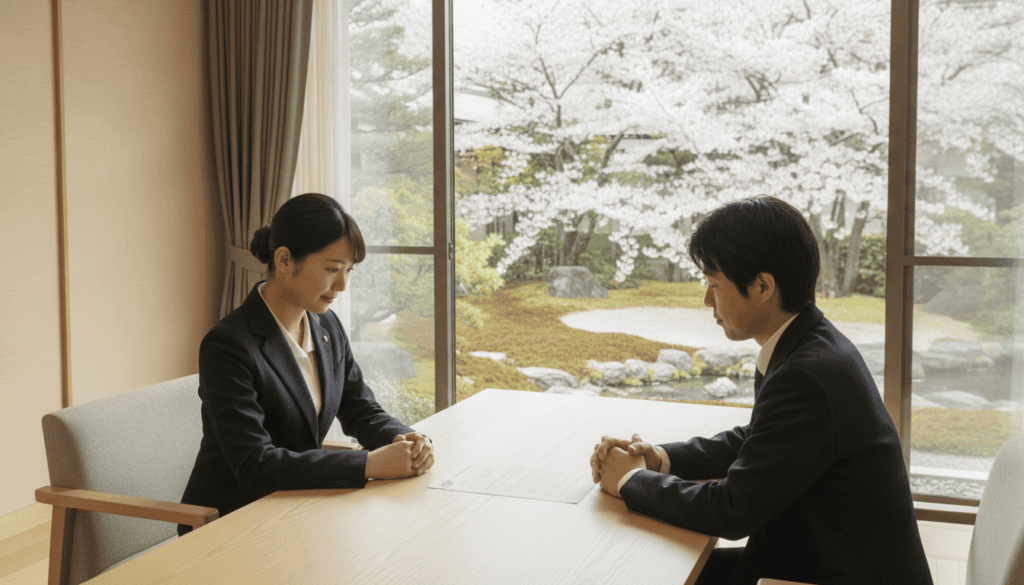 窓から美しい庭園が見える清潔でモダンな事務所にて、資料を広げながらスタッフと落ち着いた雰囲気で契約内容について相談する日本人利用者の様子。