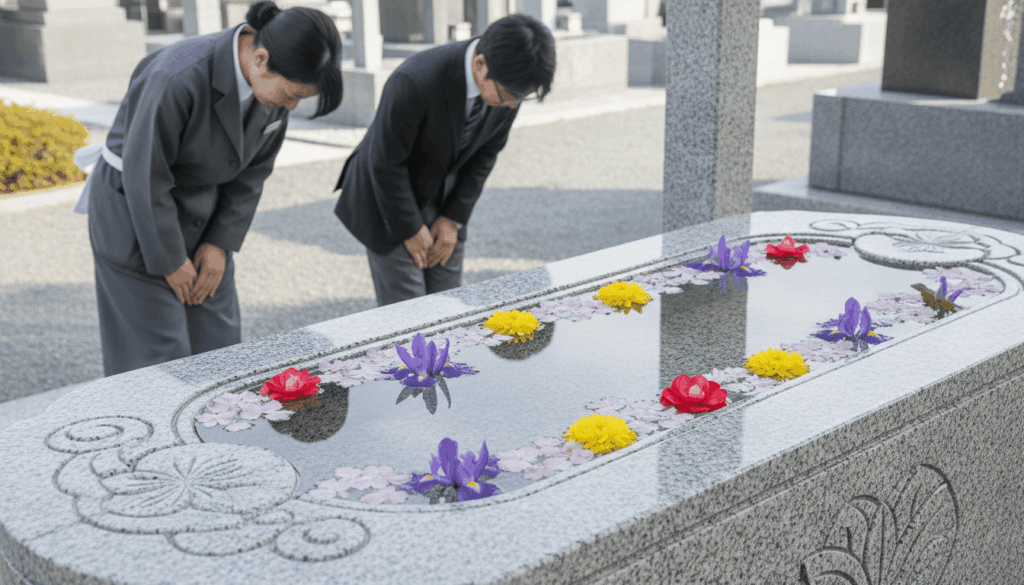 色鮮やかな季節の花が浮かべられた清潔で手入れの行き届いた石造りの手水鉢と、背景で来客に対して丁寧にお辞儀をする、おもてなしの心を感じさせる墓地スタッフ。