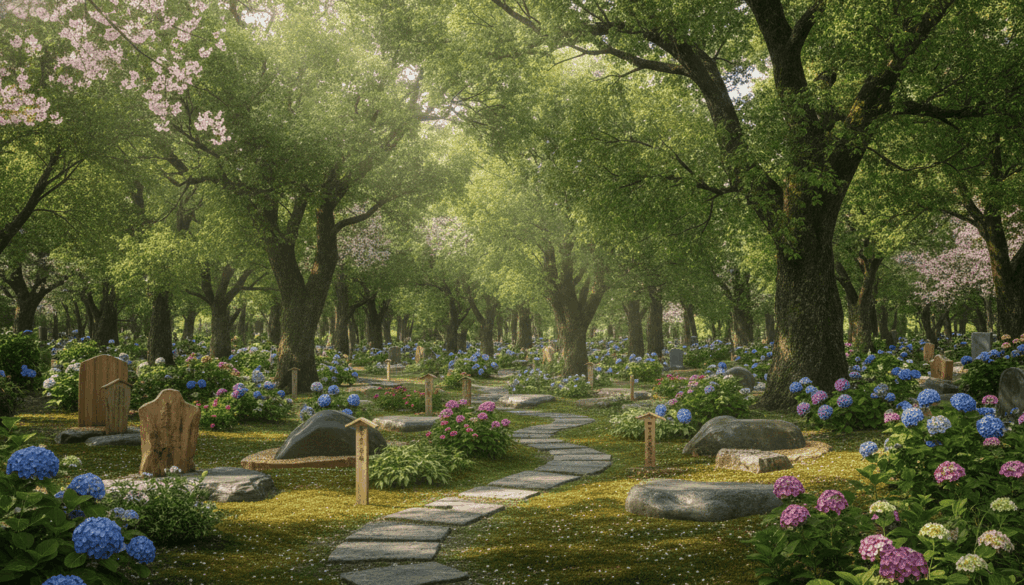 明るく穏やかな日本の樹木葬墓地の風景。豊かな緑とアジサイや桜などの季節の花々に囲まれ、木漏れ日が差し込む安らかな雰囲気のフォトリアルな画像。