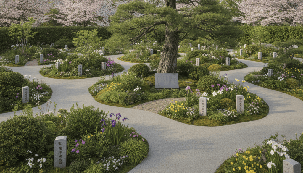 バリアフリーの舗装路が整備された、手入れの行き届いた日本の樹木葬公園の全景。美しい庭園に小さな墓石が整然と配置され、豊かな植栽が広がる開放的な景観。