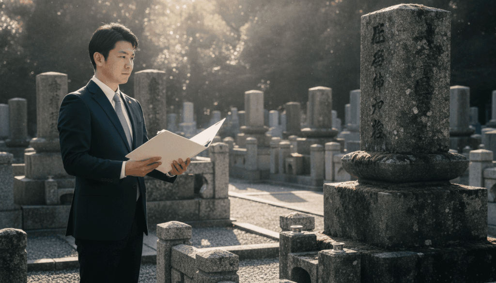 伝統的な墓地で書類フォルダを手に、敬意を払いながら古いお墓を見つめるスーツ姿の日本人男性。改葬の手続きを整然と進める様子を象徴する、静かで厳かな雰囲気。